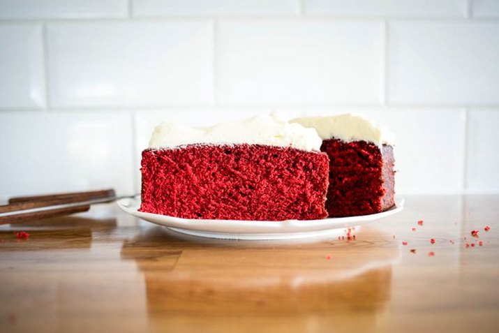 Red velvet pound cake invokes the colors of the season.