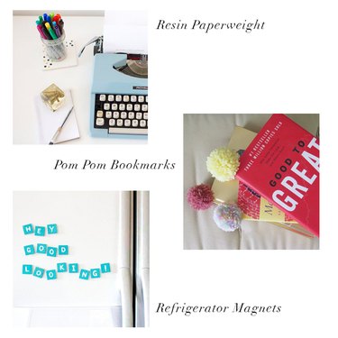 resin paperweight, pom pom bookmarks, refrigerator magnets