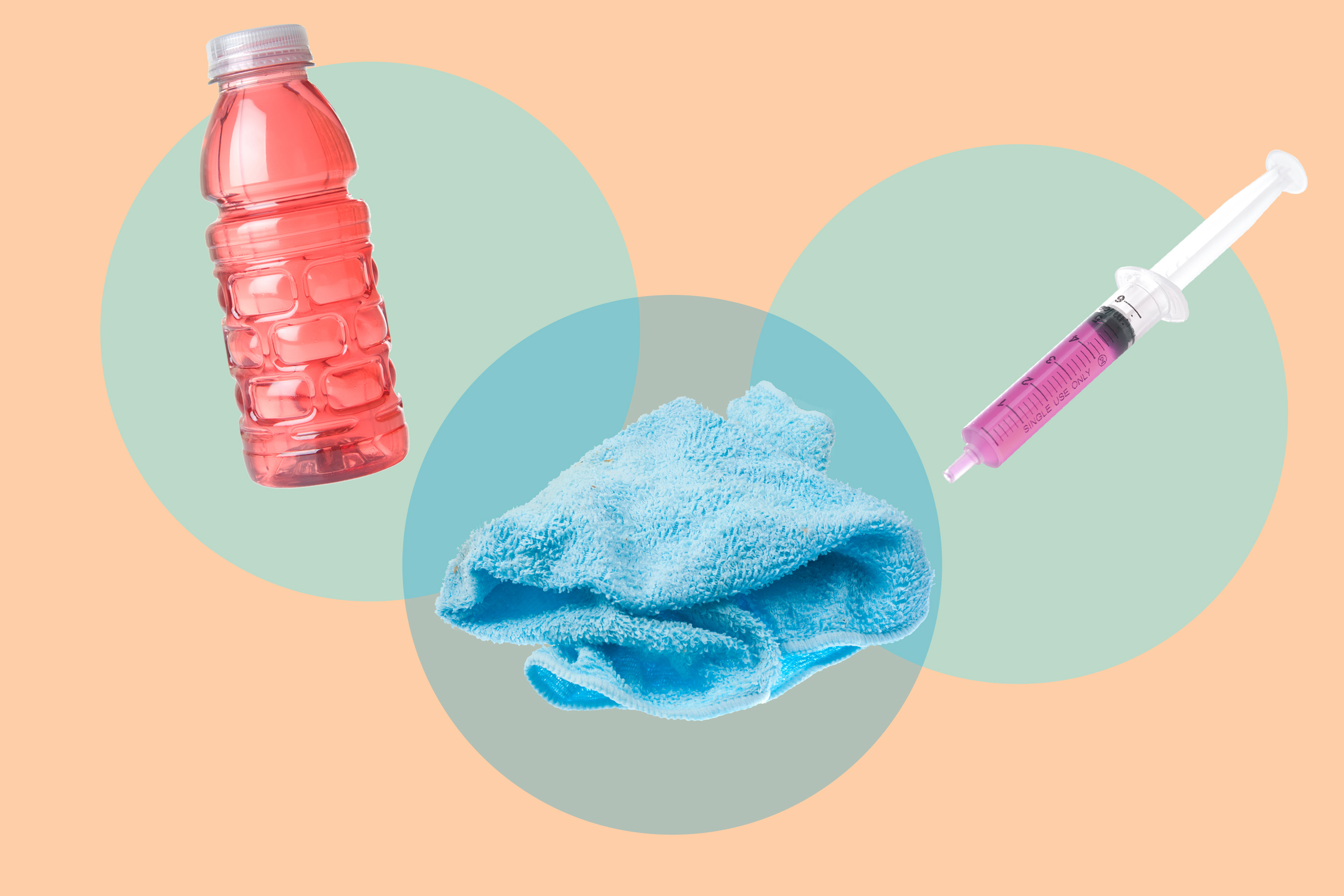electrolyte drink, washcloth, tylenol